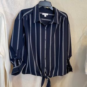 Charter Club Navy Blue White Striped Tie Waist Blouse, up or down sleeves EUC